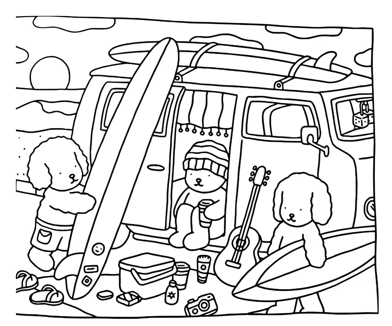 desenho de cachorros com prancha de surf na praia Bobbie Goods para imprimir