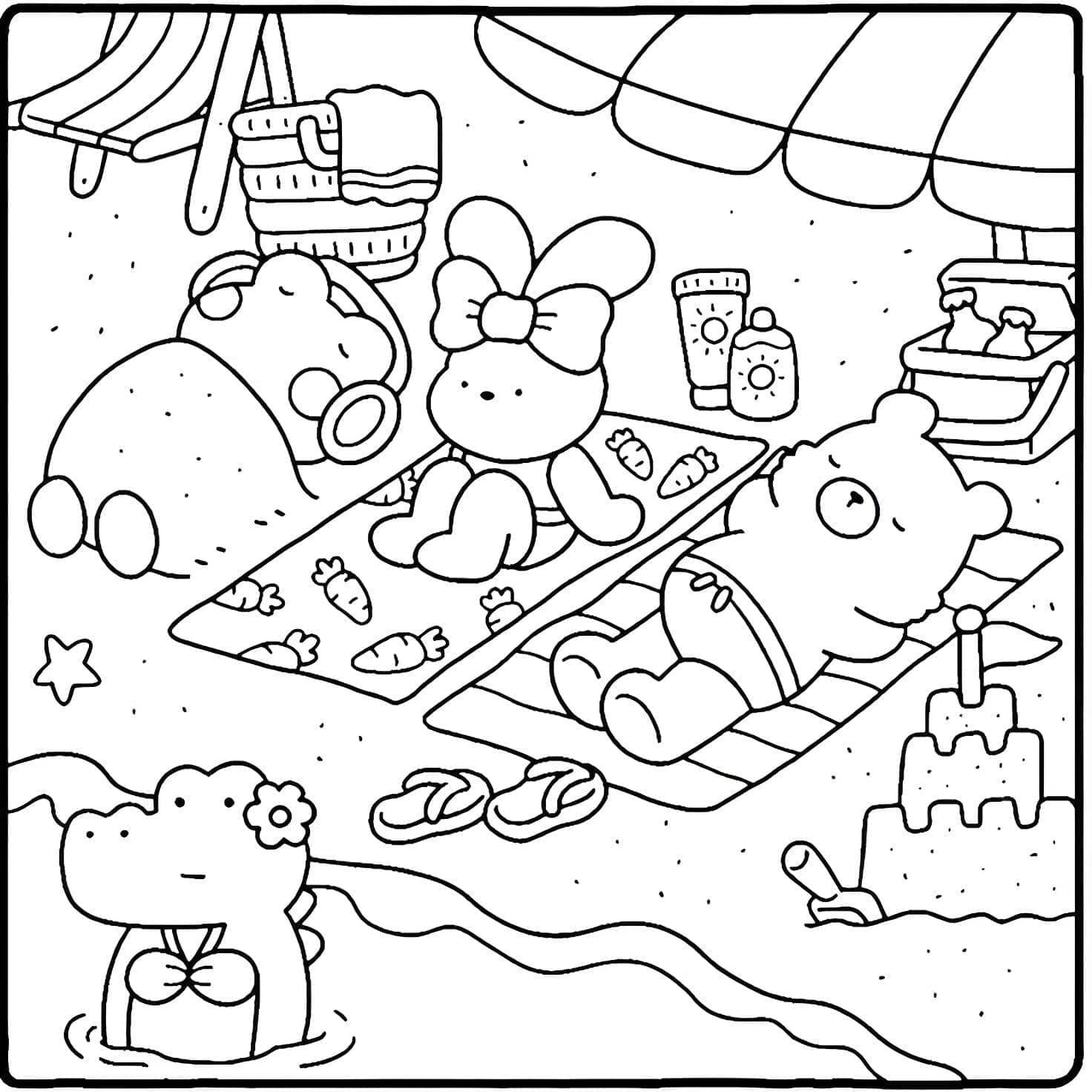 imagem de animais relaxando na praia Bobbie Goods para colorir