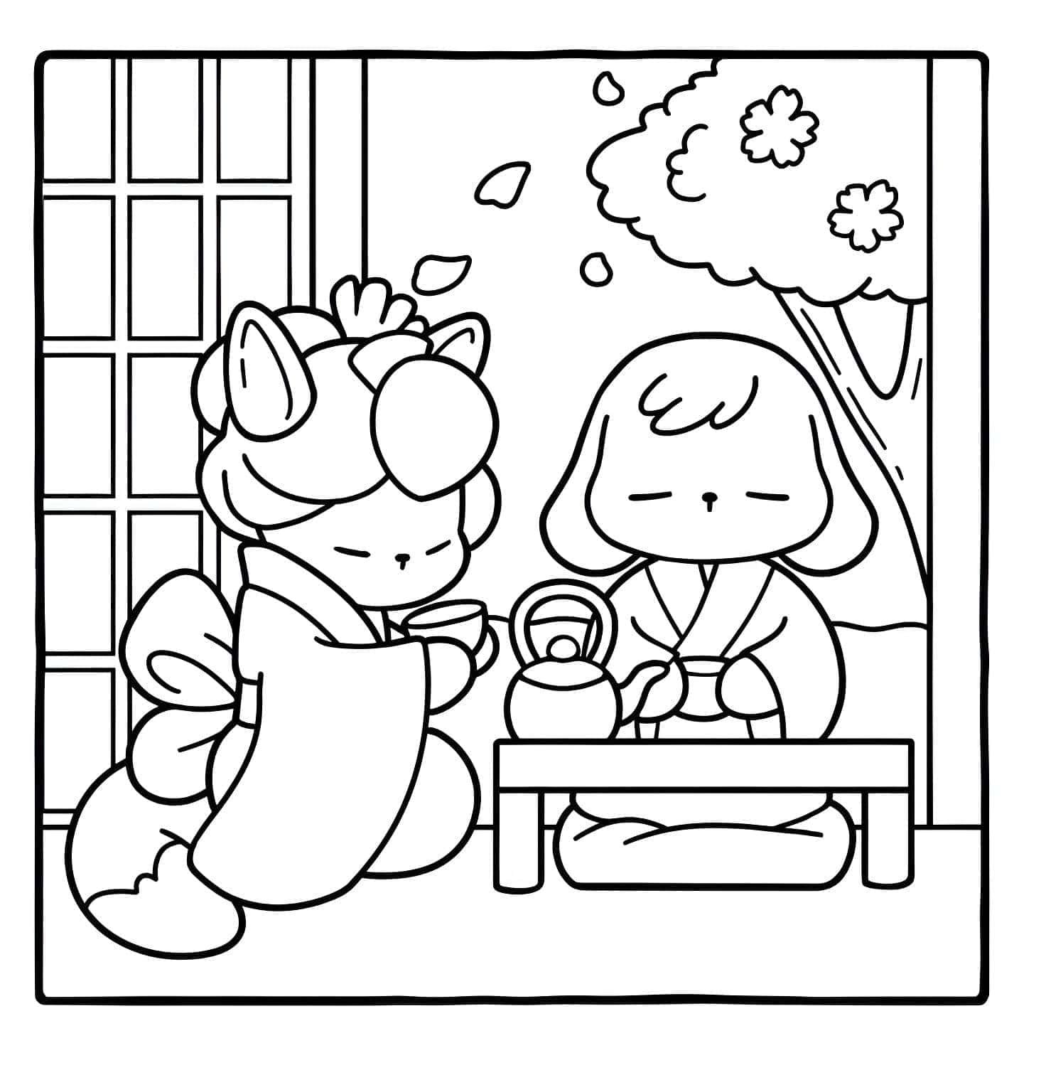 imagem de cerimonia do cha com animais Bobbie Goods para colorir
