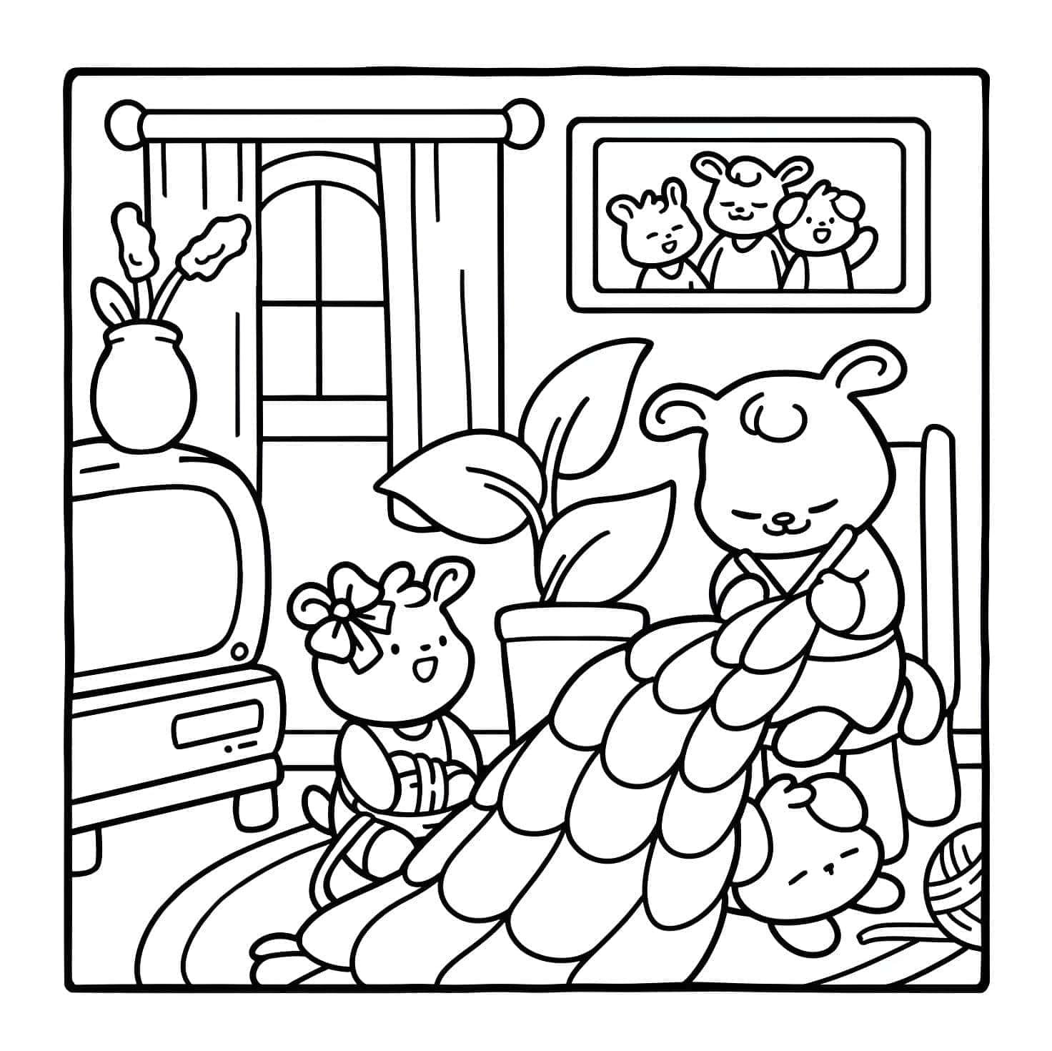 imagem de familia tricotando na sala Bobbie Goods para colorir
