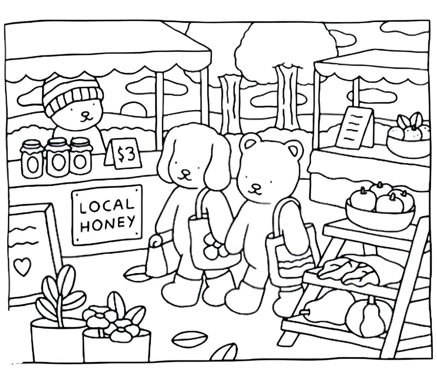 imagem de mercado local com ursinhos Bobbie Goods para colorir