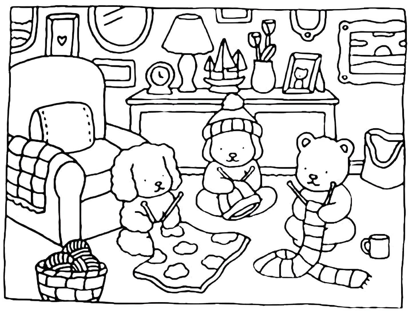 imagem de ursinhos tricotando em uma sala aconchegante Bobbie Goods para pintar 1